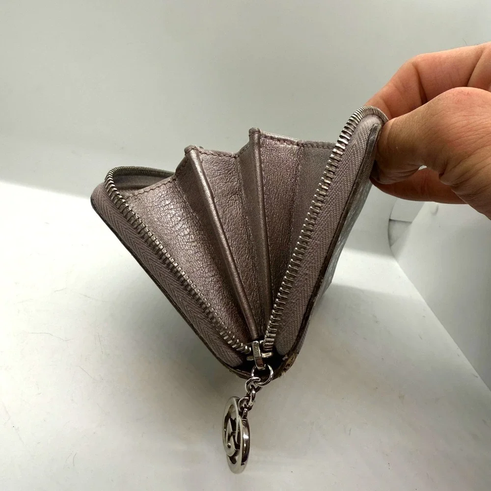 Gucci GG Monogram Zip‎ Around Wallet Silver Purple Gray Leather PVC Mirror